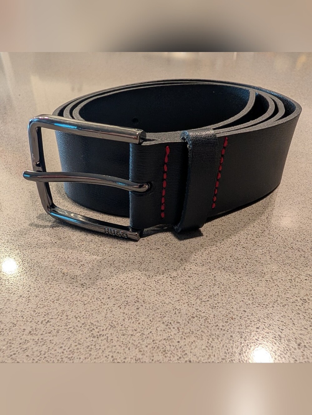 Hugo Boss Black Leather Belt with Red Stitching and Gunmetal Buckle